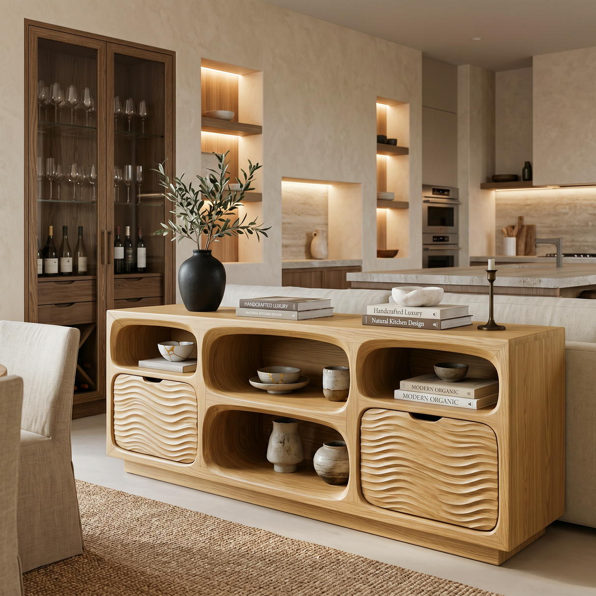 Sculptural Wooden Console Table With Shelves For Modern Living Room