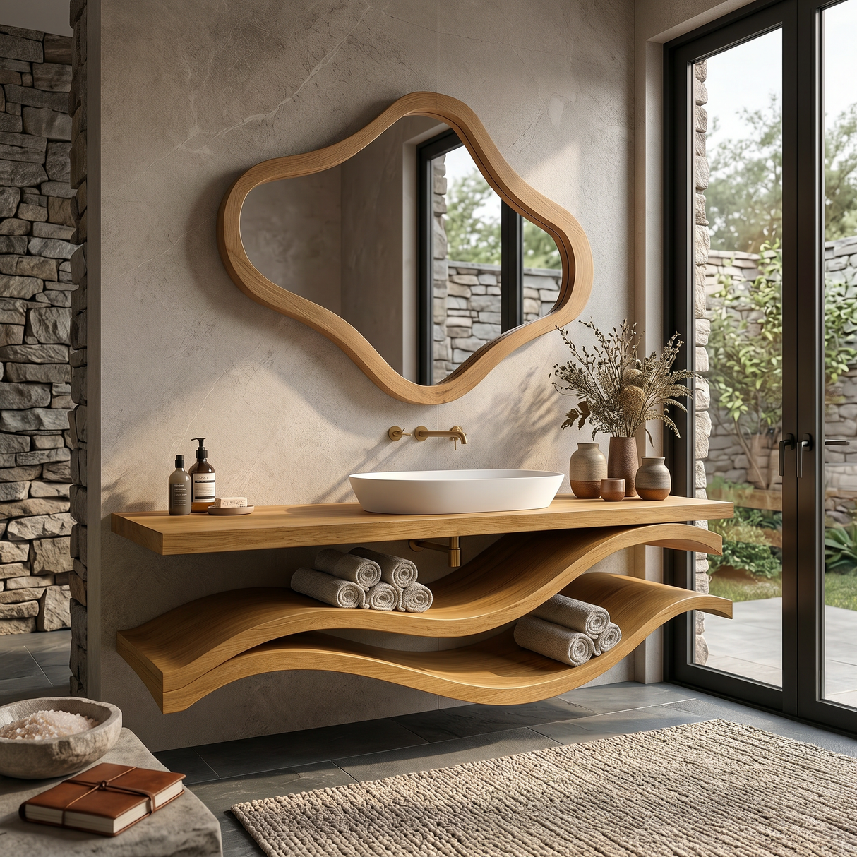 Luxury Bathroom Vanity With Flowing Wave Open Shelves For Bath