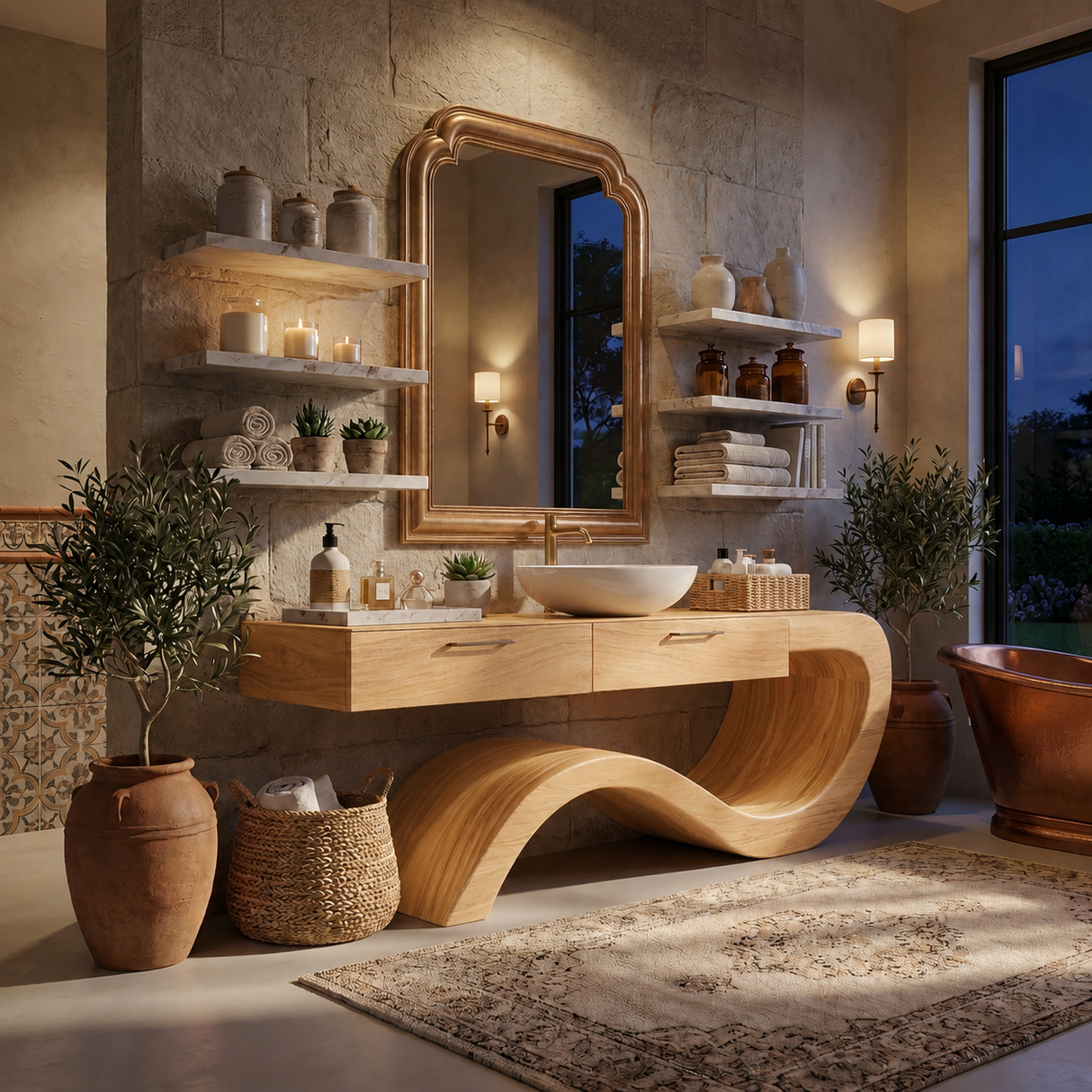 Modern Wood Bathroom Vanity With Sculptural Wave Base For Bath