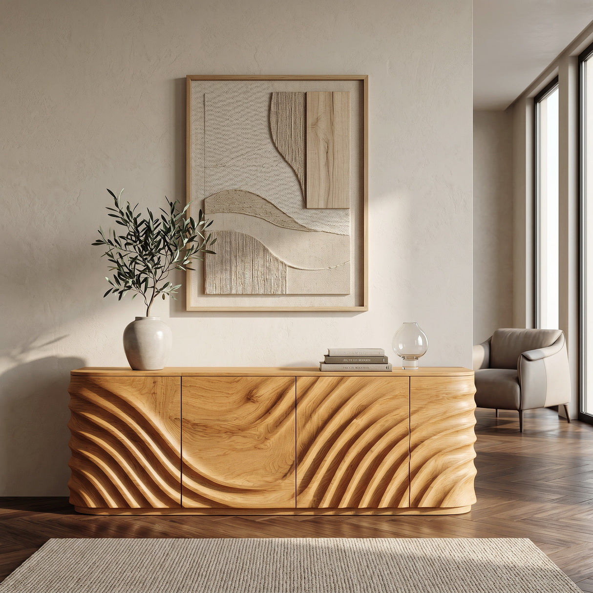 Modern Wooden Sideboard With Carved Door For Minimalist Living Space