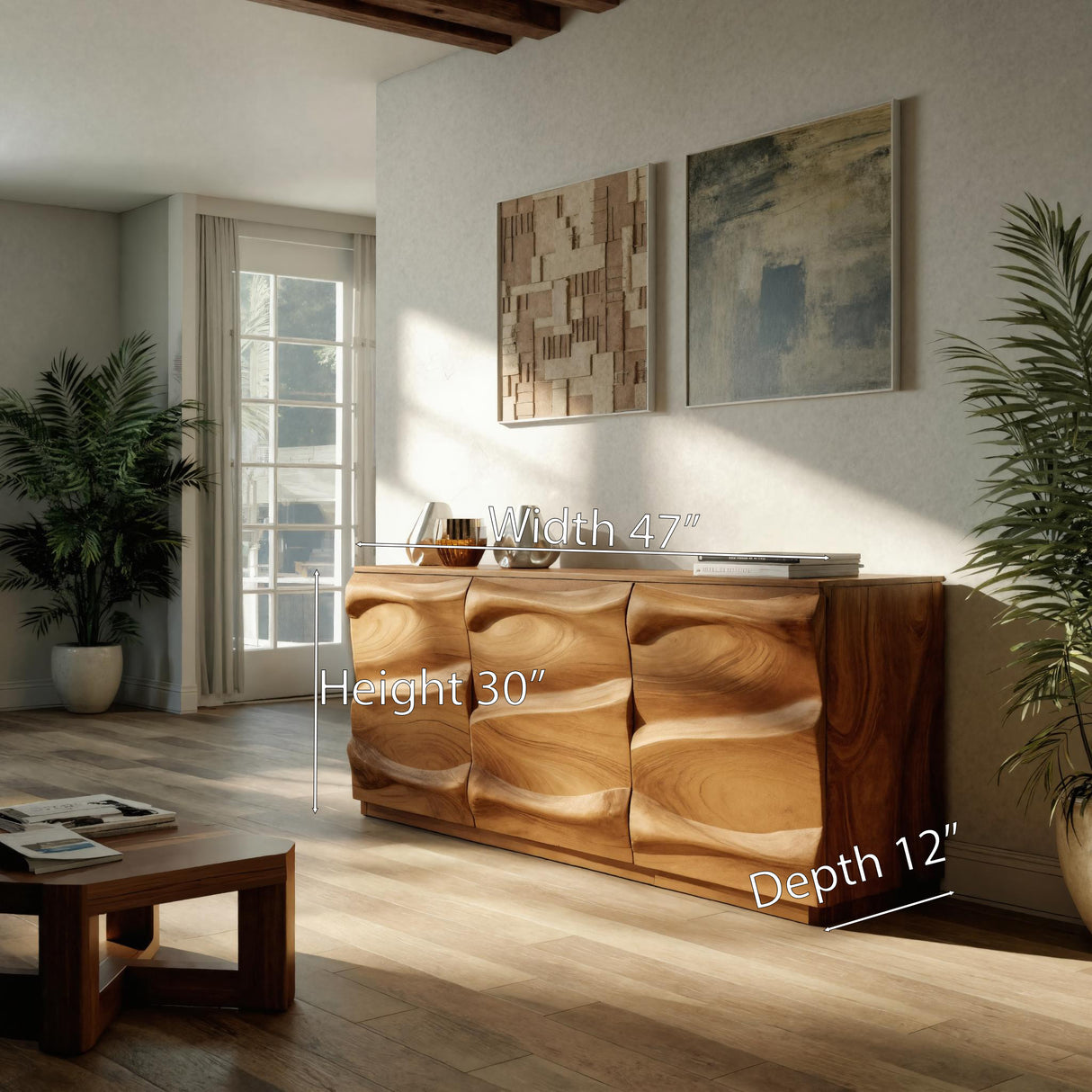 Handcrafted Sideboard With Sculptural Wave For Living Room