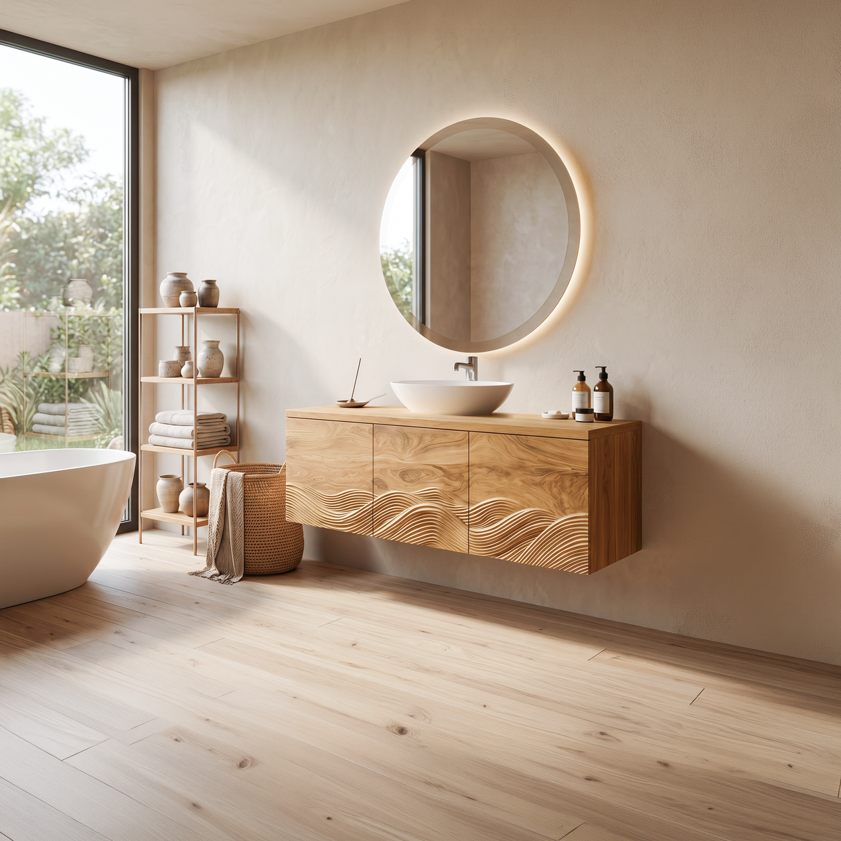 Handcrafted Bathroom Vanity With Wave Relief Wood Cabinet For Bathroom