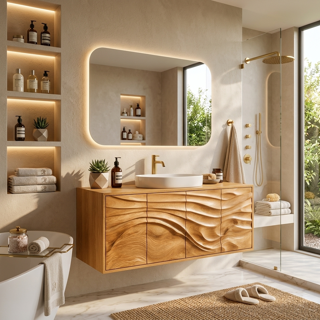 Contemporary Bathroom Vanity With Statement Wave Front For Bathroom Interior