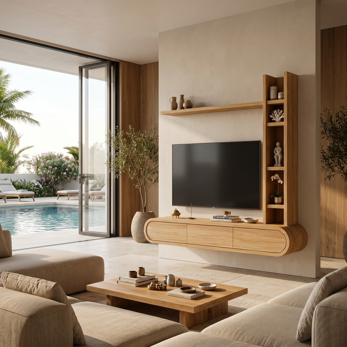 Wooden Floating TV Stand With Tall Open Shelf For Living