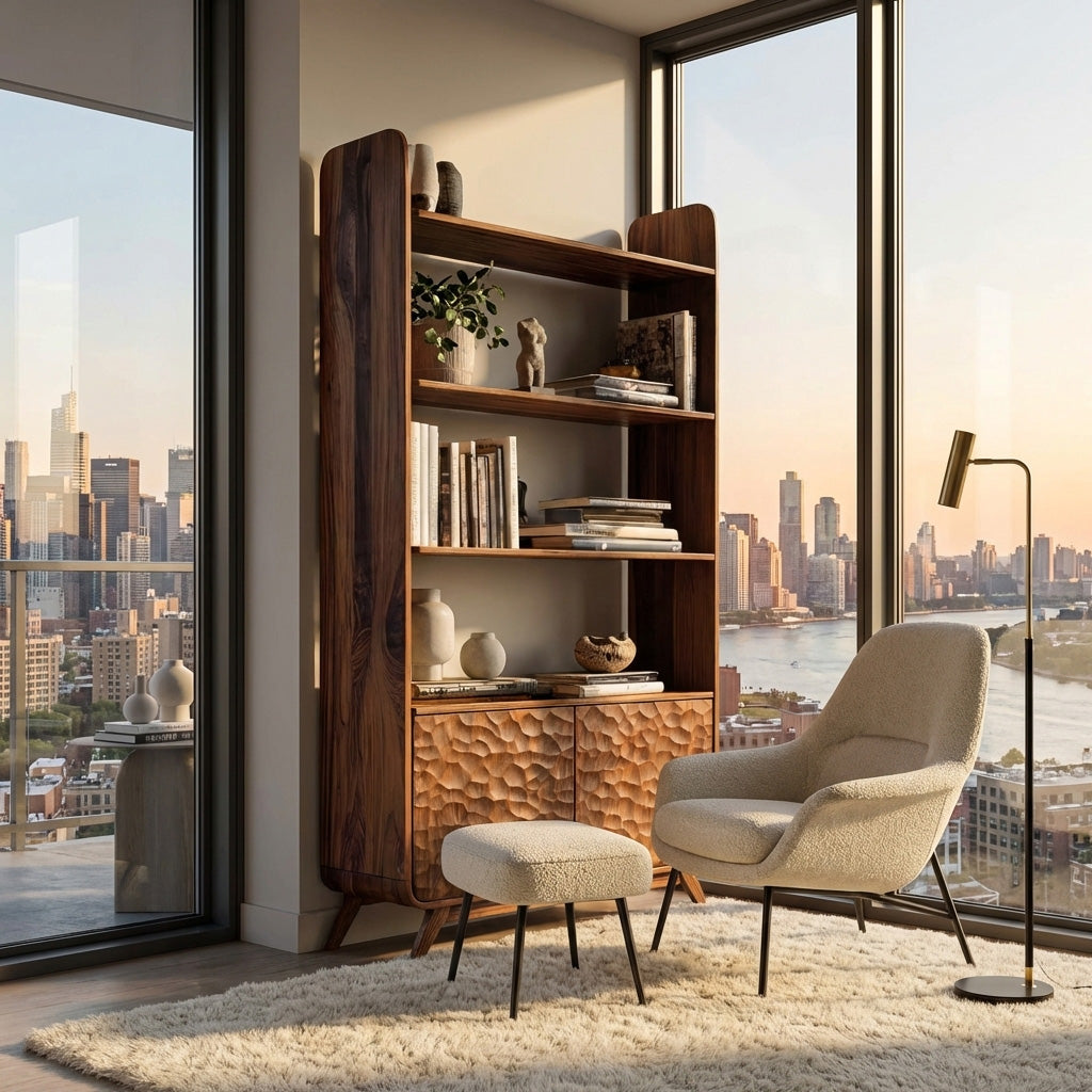 Luxury Solid Wood Bookshelf With Sculpted Door Panels