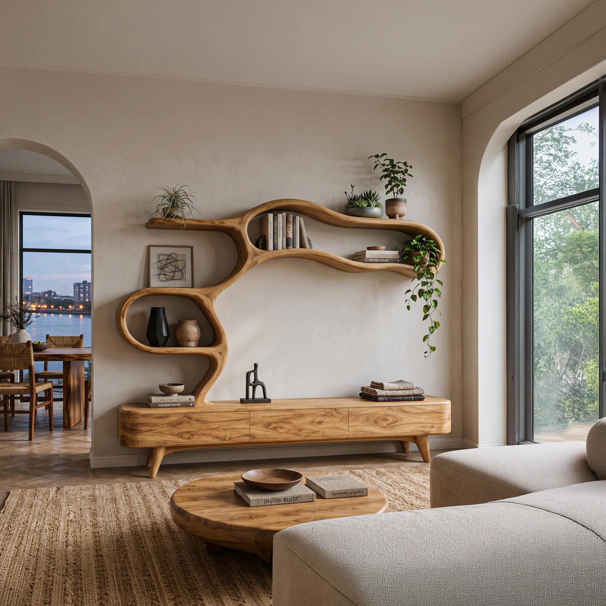Organic Modern Wood TV Cabinet With Flowing Shelving For Living