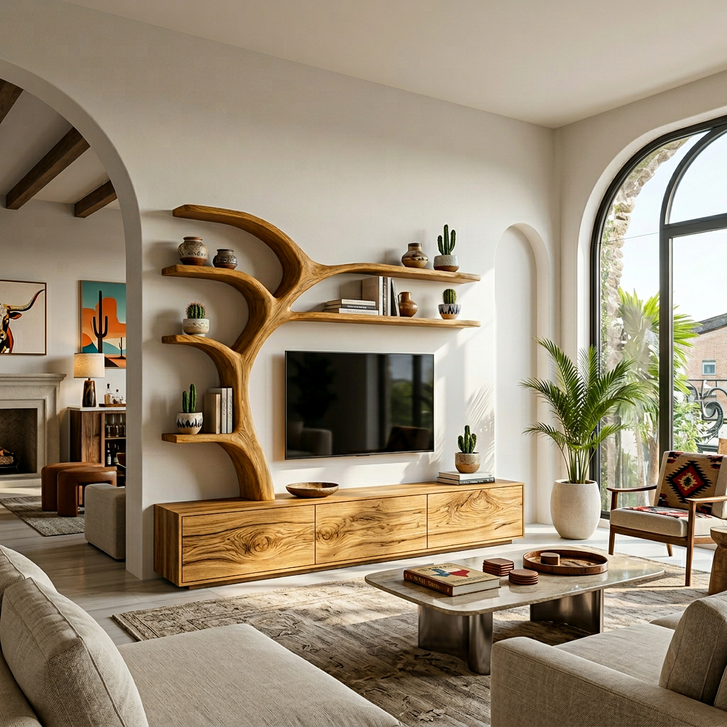 Wooden TV Stand With Branch Display Shelves For Living Room