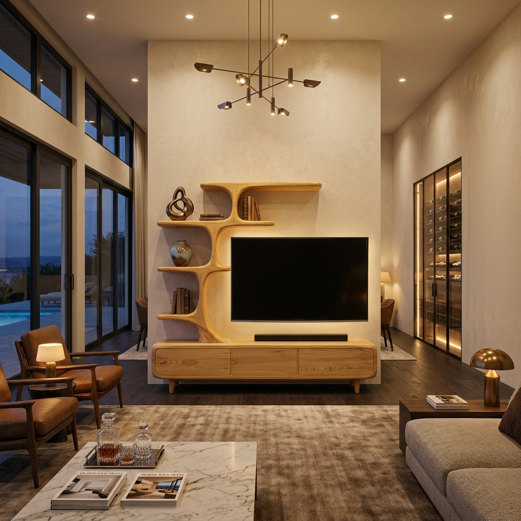 Contemporary Wood TV Stand With Multi-tiered Shelves For Living