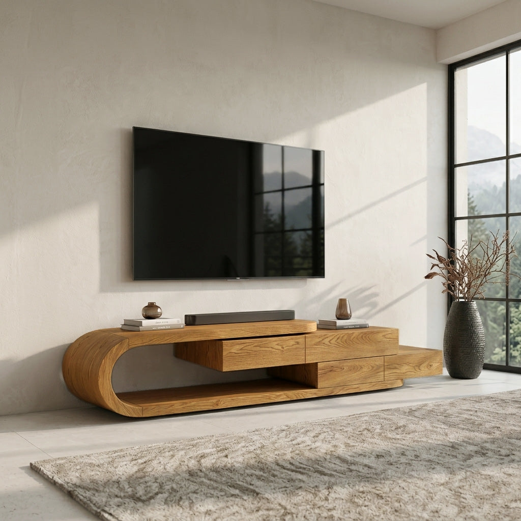 Contemporary Rounded TV Console With 2 Tiers For Living Room