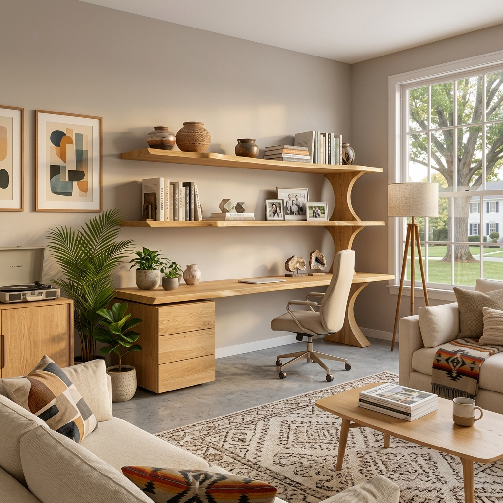 Wooden Desk With Open Bookcase And Drawers For Modern Workspace