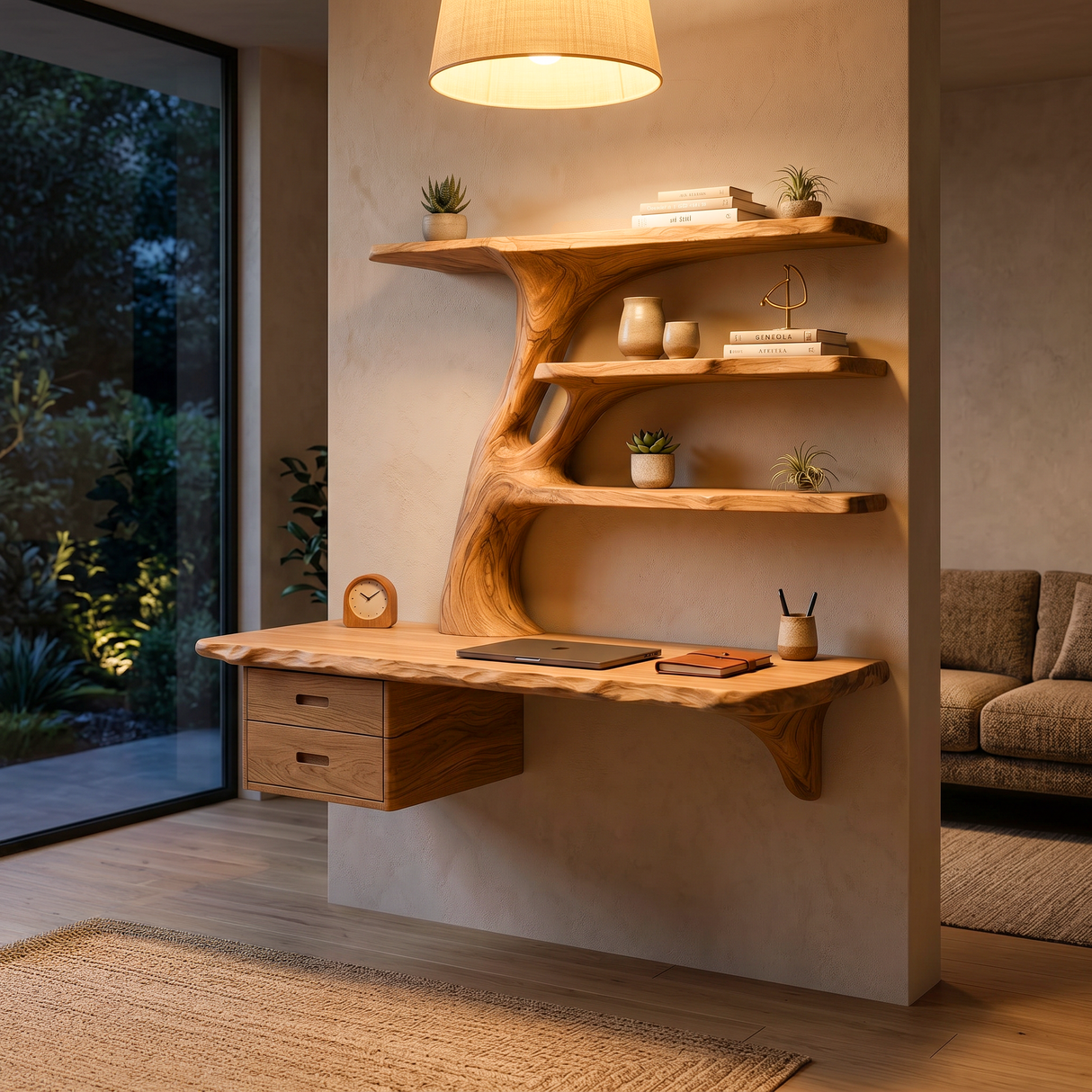 Wood Floating Desk With Multi Level Organic Shelves For Office