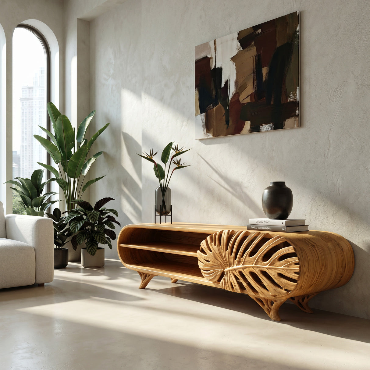Modern Wooden TV Cabinet With Leaf Shape Door For Living