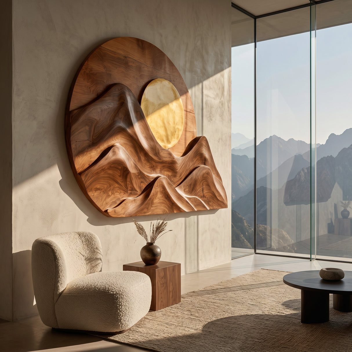 Handcrafted Mountain Sun Wood Wall Art For Living Room