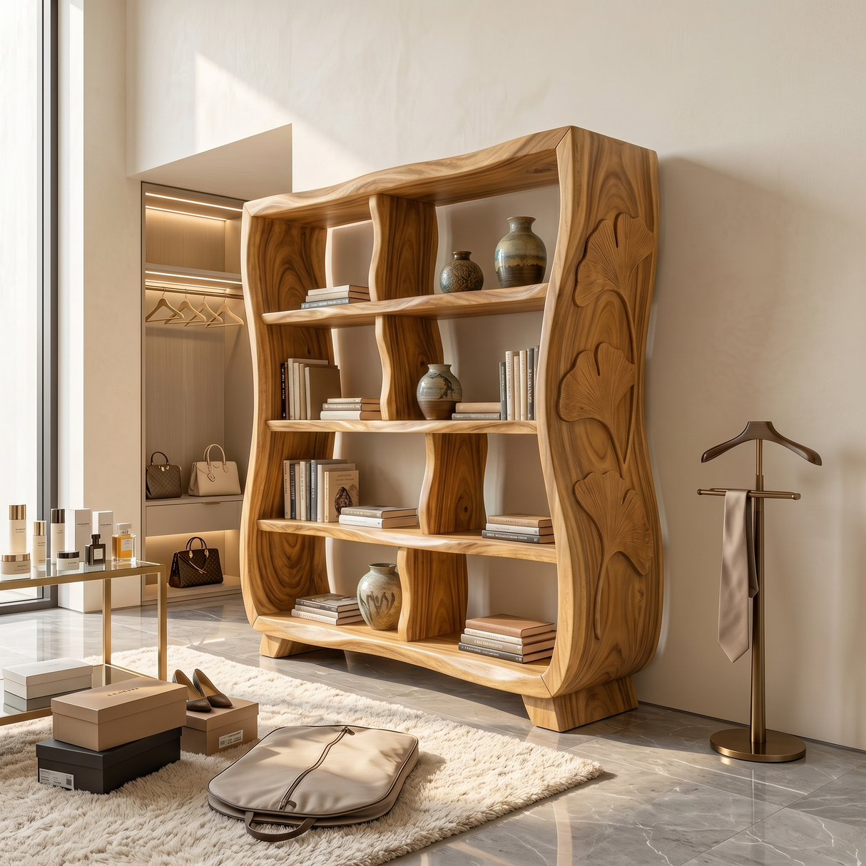 Handcrafted Wooden Bookshelf With Ginkgo Leaf Accents