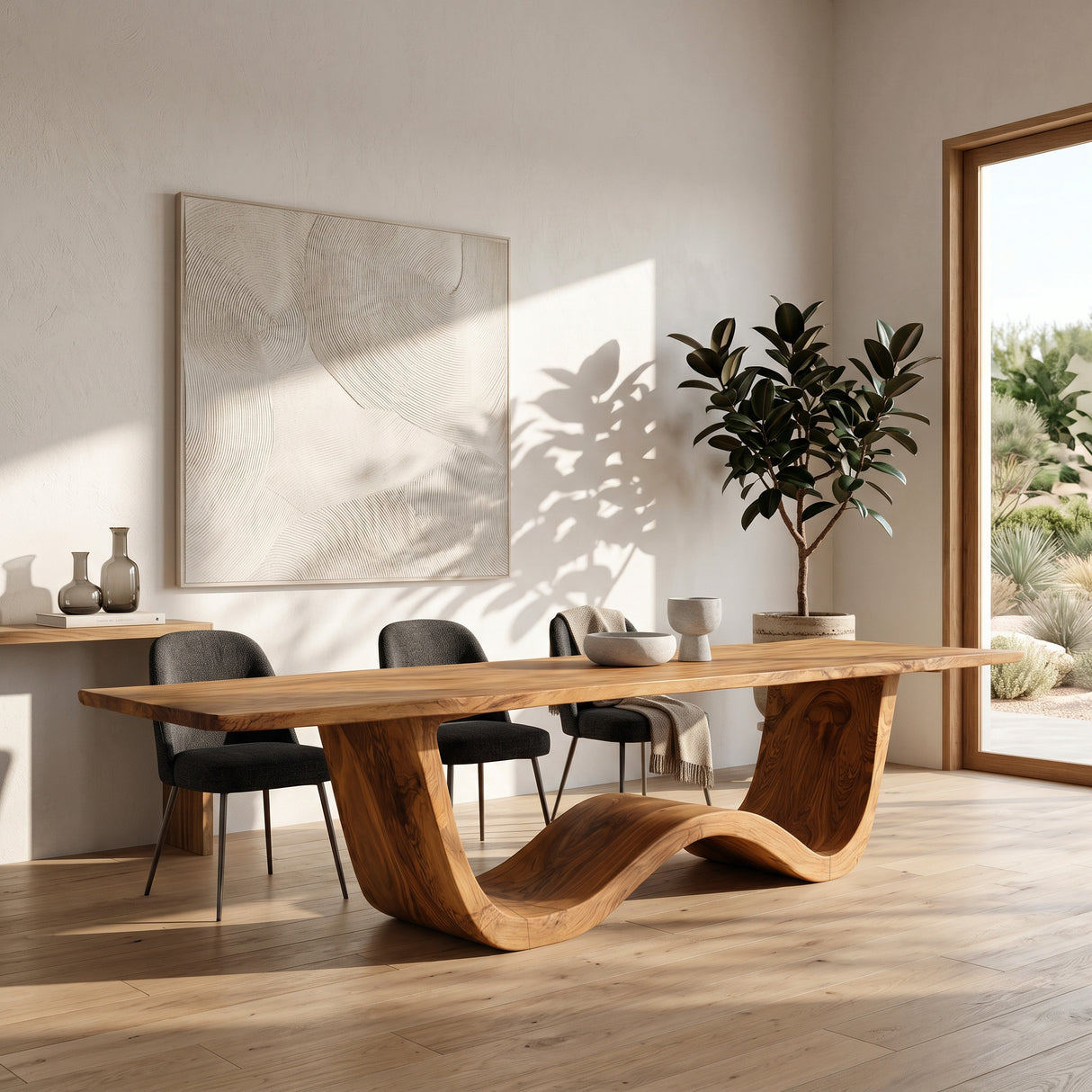 Luxury Wood Dining Table With Curved Pedestal For Dining Room