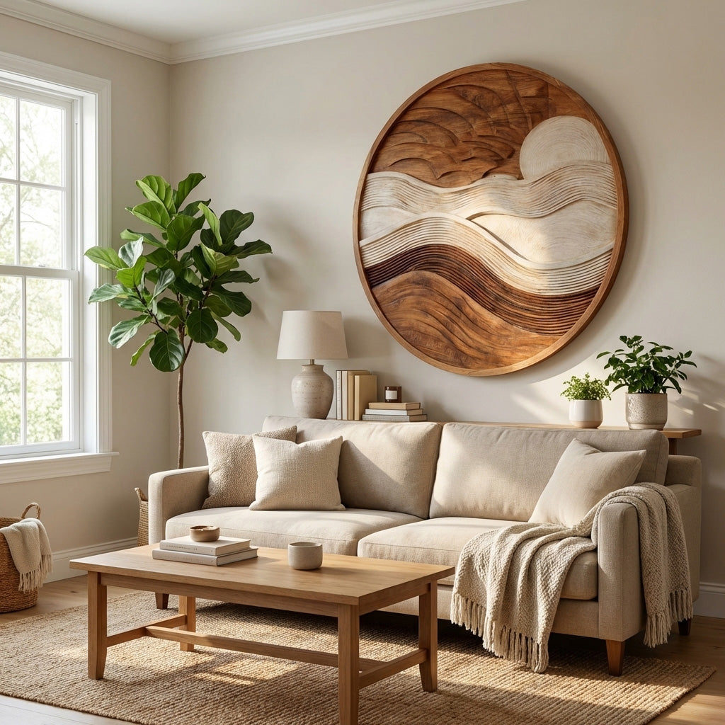 Minimalist Sun And Wave Wooden Wall Sculpture For Living room