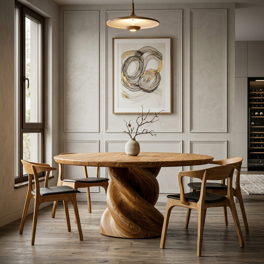 Organic Twisted Pedestal Round Wood Dining Table For Breakfast Nook