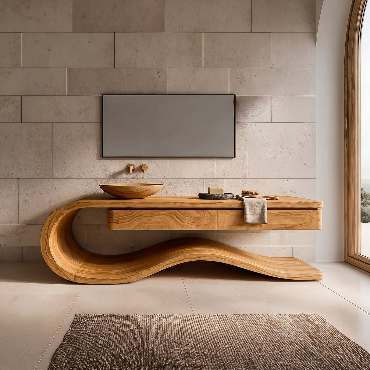 Organic Wooden Bathroom Vanity With Flowing Structure For Bathroom