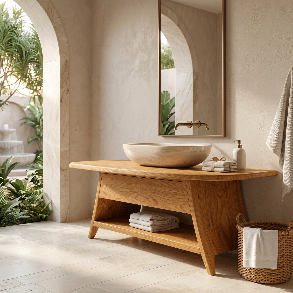 Organic Wood Bathroom Vanity With Open Storage For Bathroom