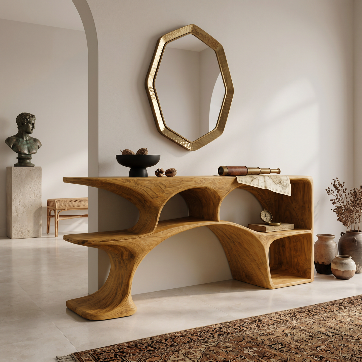 Modern Wooden Console Table With Sculptural Open Shelves For Living
