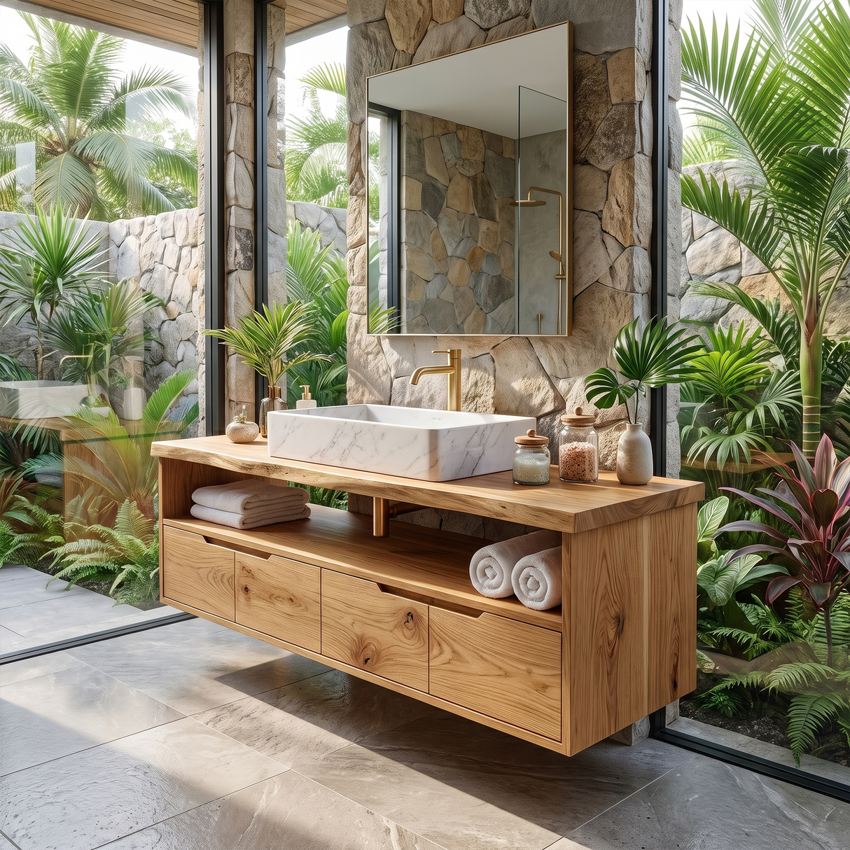 Mediterranean Floating Bathroom Cabinet Villa Bathroom