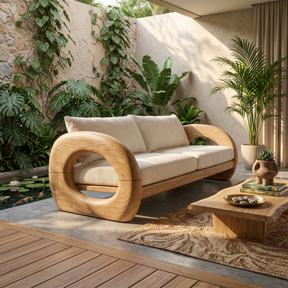 Tropical Organic Wooden Sofa Resort Lounge Space