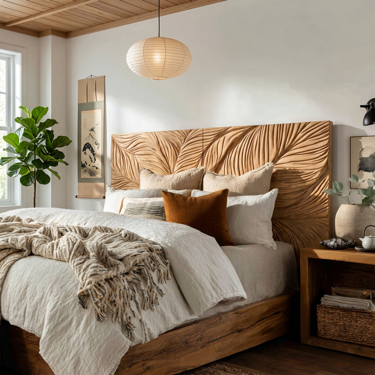 Organic Leaf Relief Wood Headboard For Minimal Bedroom