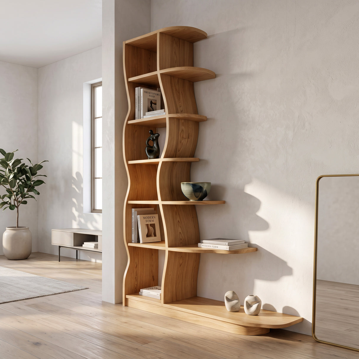 Modern Bookshelf With Wavy Design For Living Room