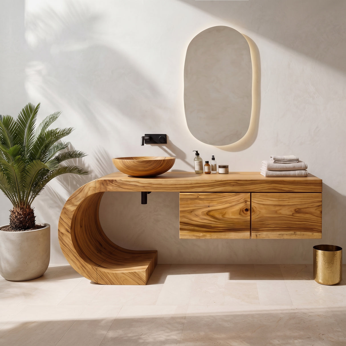 Organic Floating Bathroom Vanity With Sculptural Curved Base For Bathroom