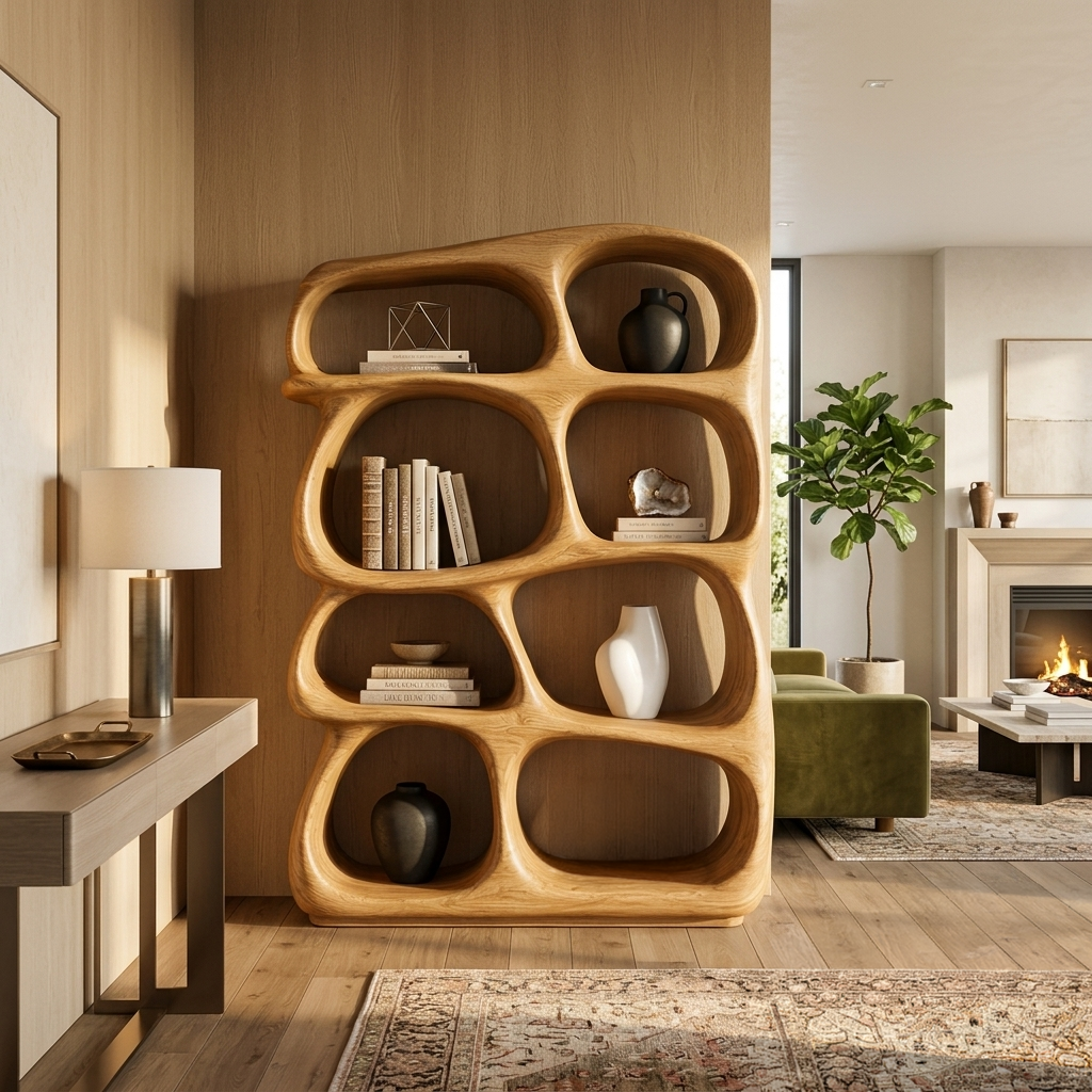 Organic Wooden Bookshelf With Sculptural Open Shelving For Living Room