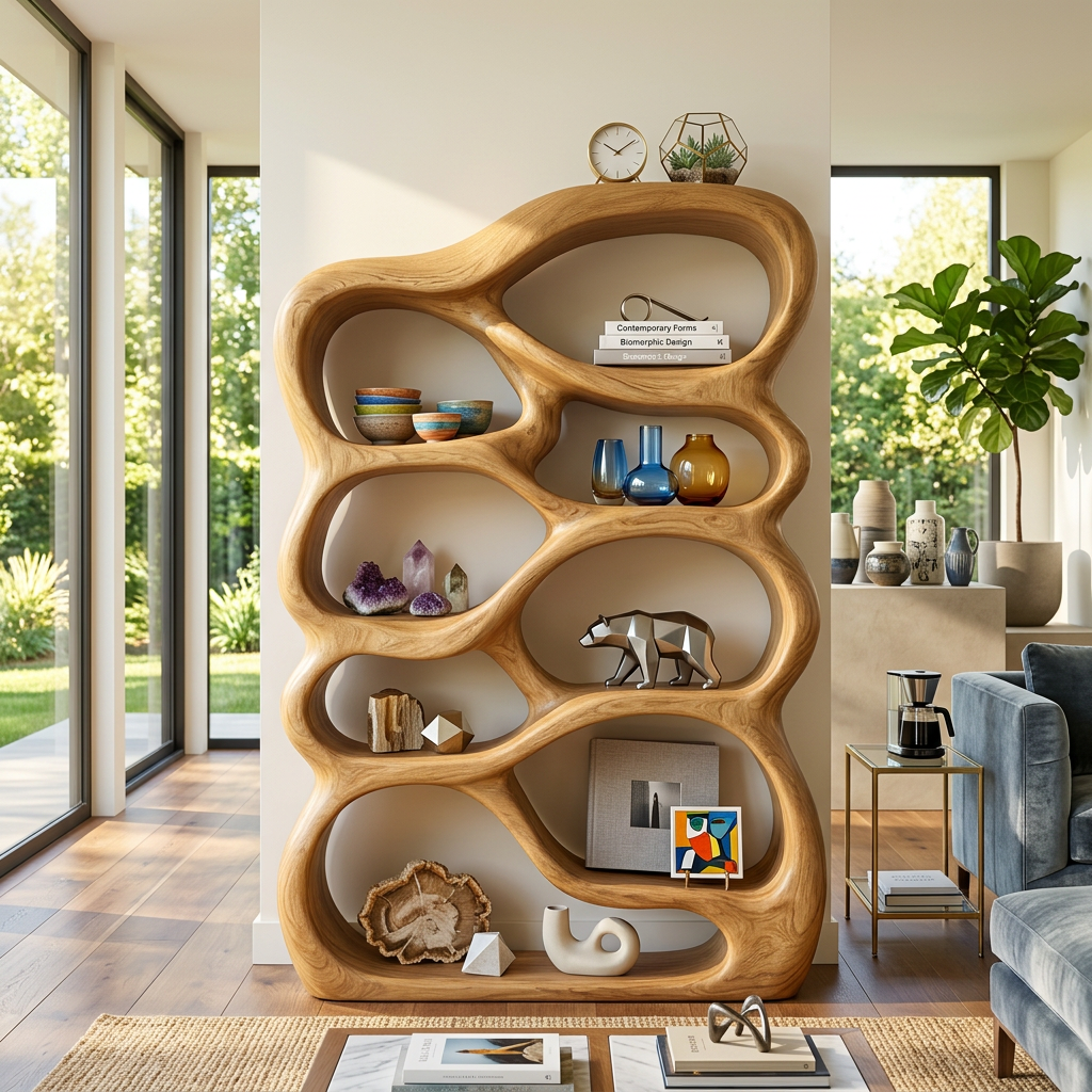 Handcrafted Bookshelf With Curved Open Compartments For Living Room