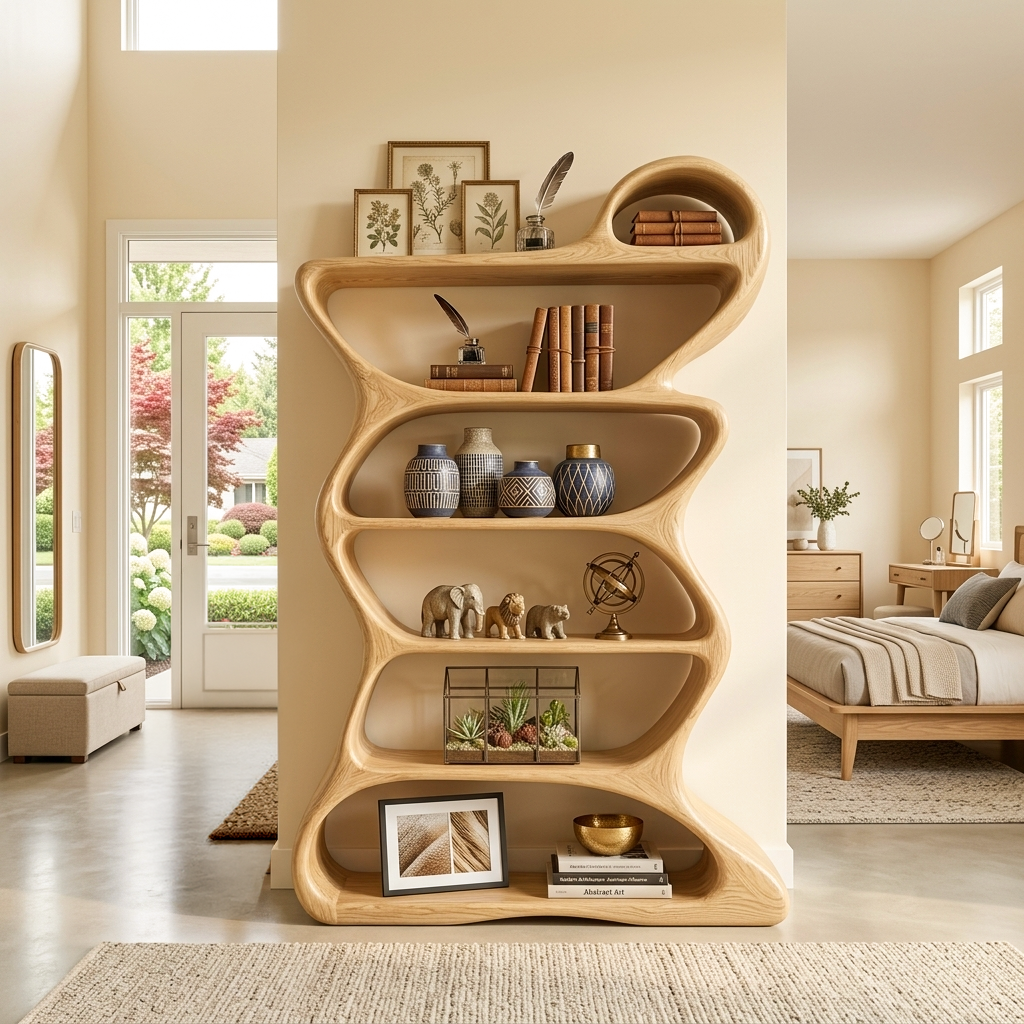 Wooden Bookshelf With Flowing Sculptural Silhouette For Living Room