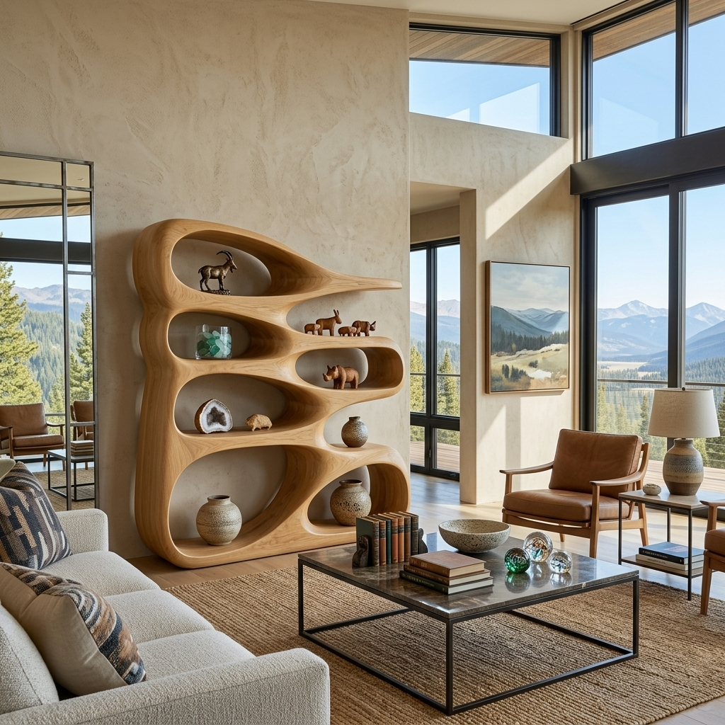 Wooden Bookshelf With Displaying Books And Collectibles For Living Room