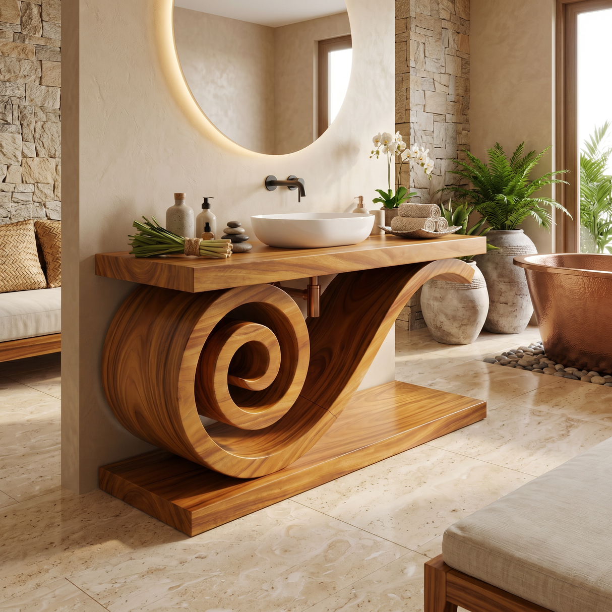 Sculptural Monkeypod Wood Vanity With Vessel Sink Luxury Bathroom