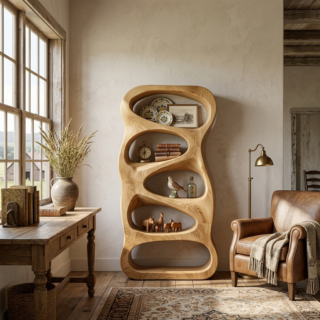 Organic Wooden Book Storage For Living Furniture