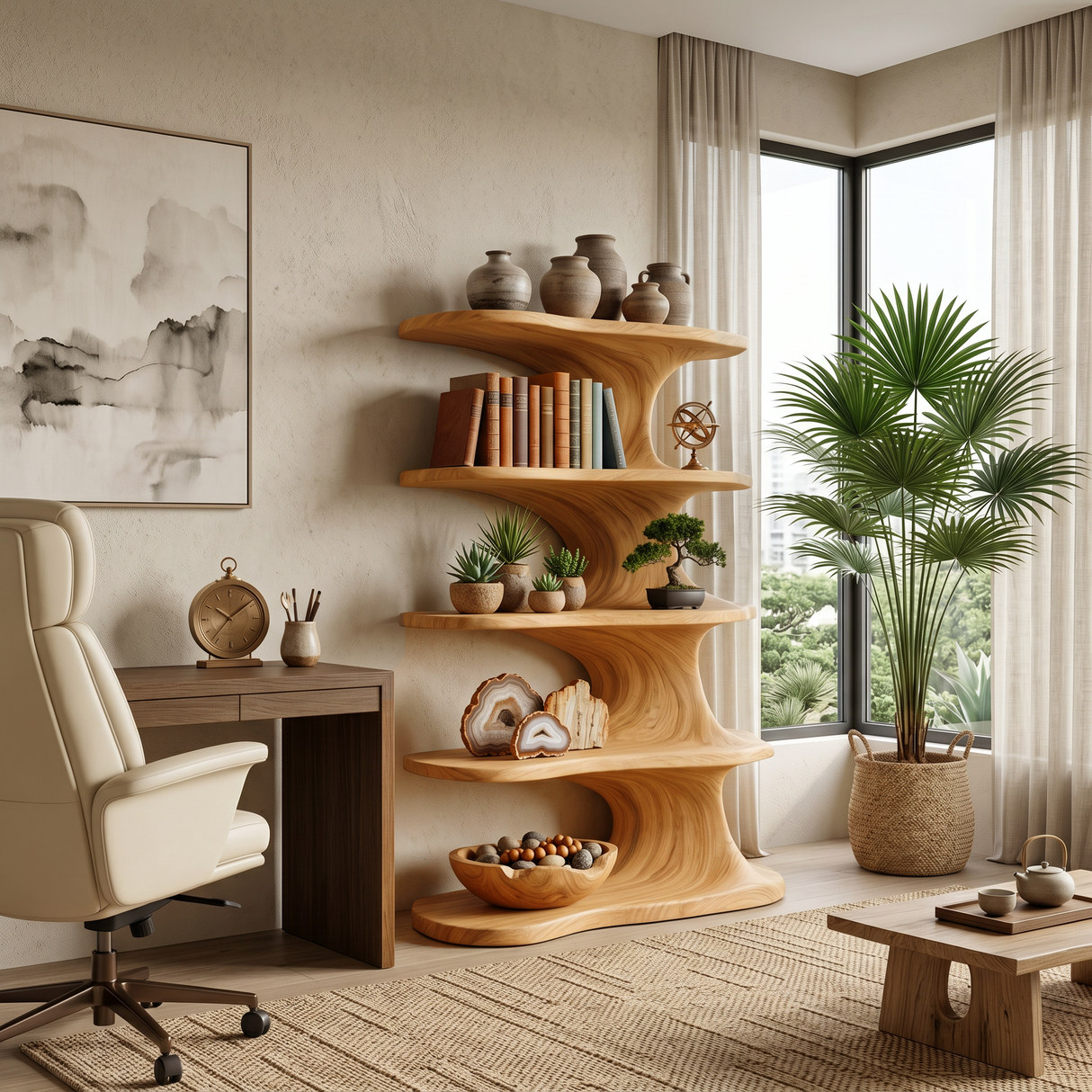 Modern Wooden Bookshelf With Flowing Organic Lines For Living Room