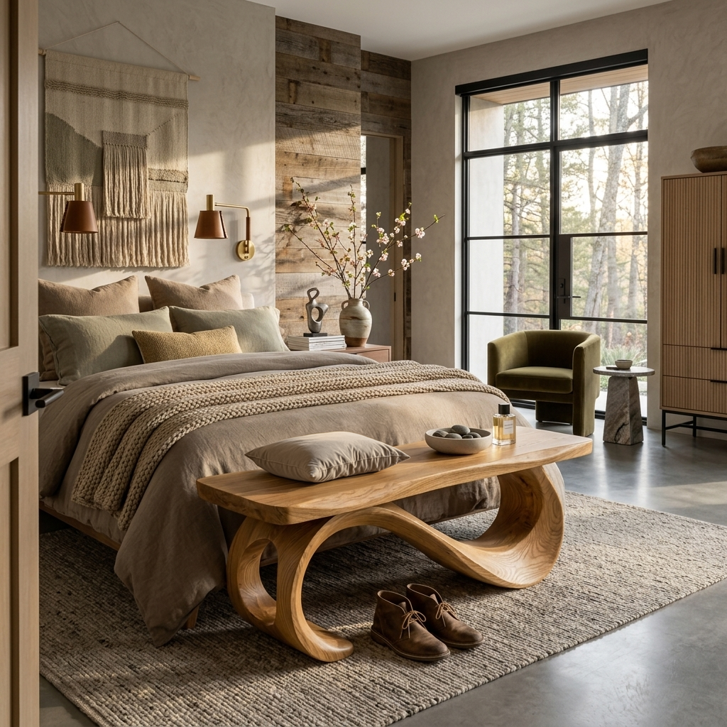 Rustic Wooden Bench With Sculptural Base For Entryway