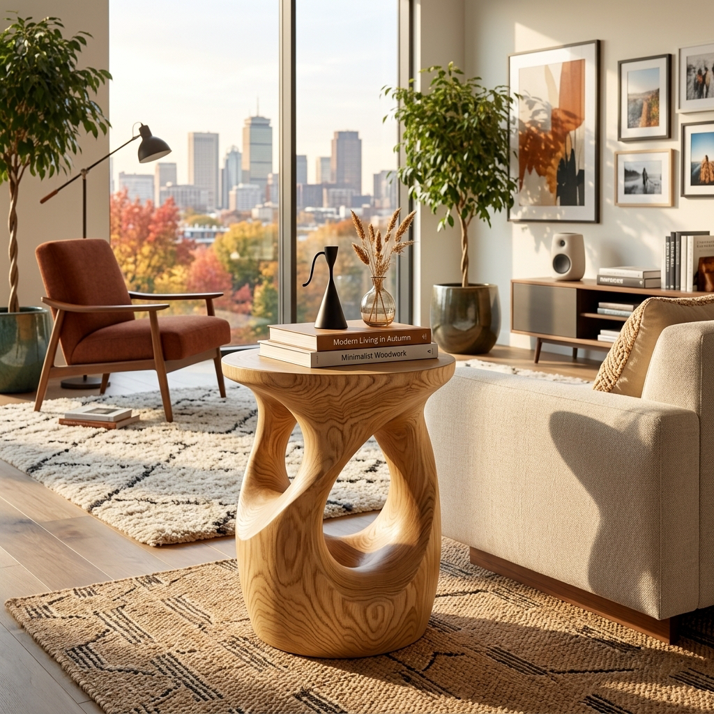 Organic Wooden Open Loop Side Table For Living Room