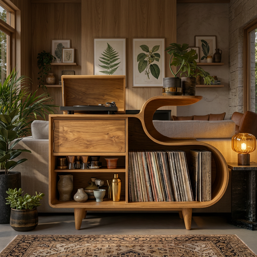 Wooden Vinyl Record Cabinet With Integrated S-Shaped Shelf For Living
