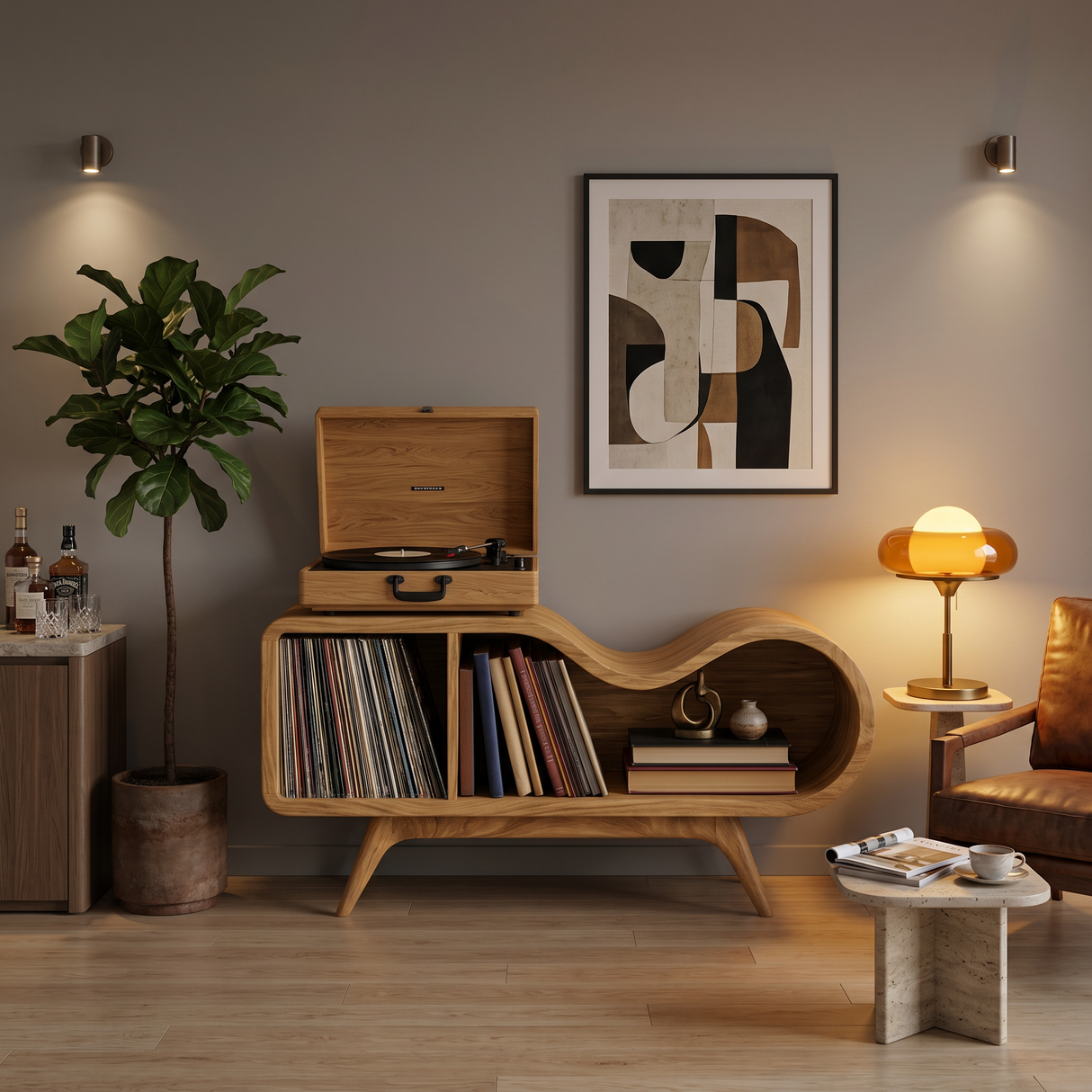 Organic Wooden Record Player Stand For Music Room