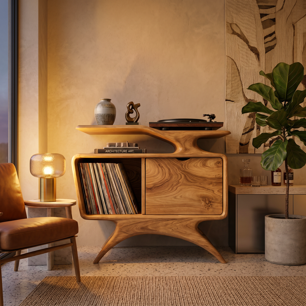 Handcrafted Wooden Record Cabinet With Shelving For Living Room