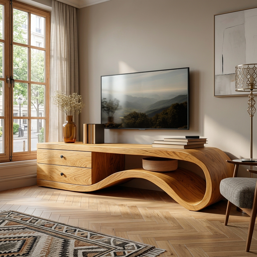 Modern Curved Wooden TV Stand For Living Area