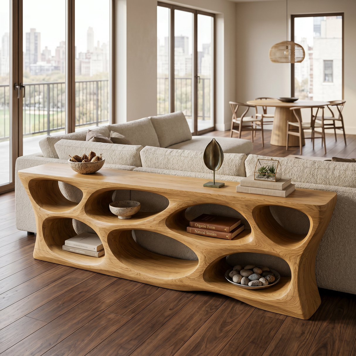 Handcrafted Wooden Console Table With Rounded Open Shelves For Entryway