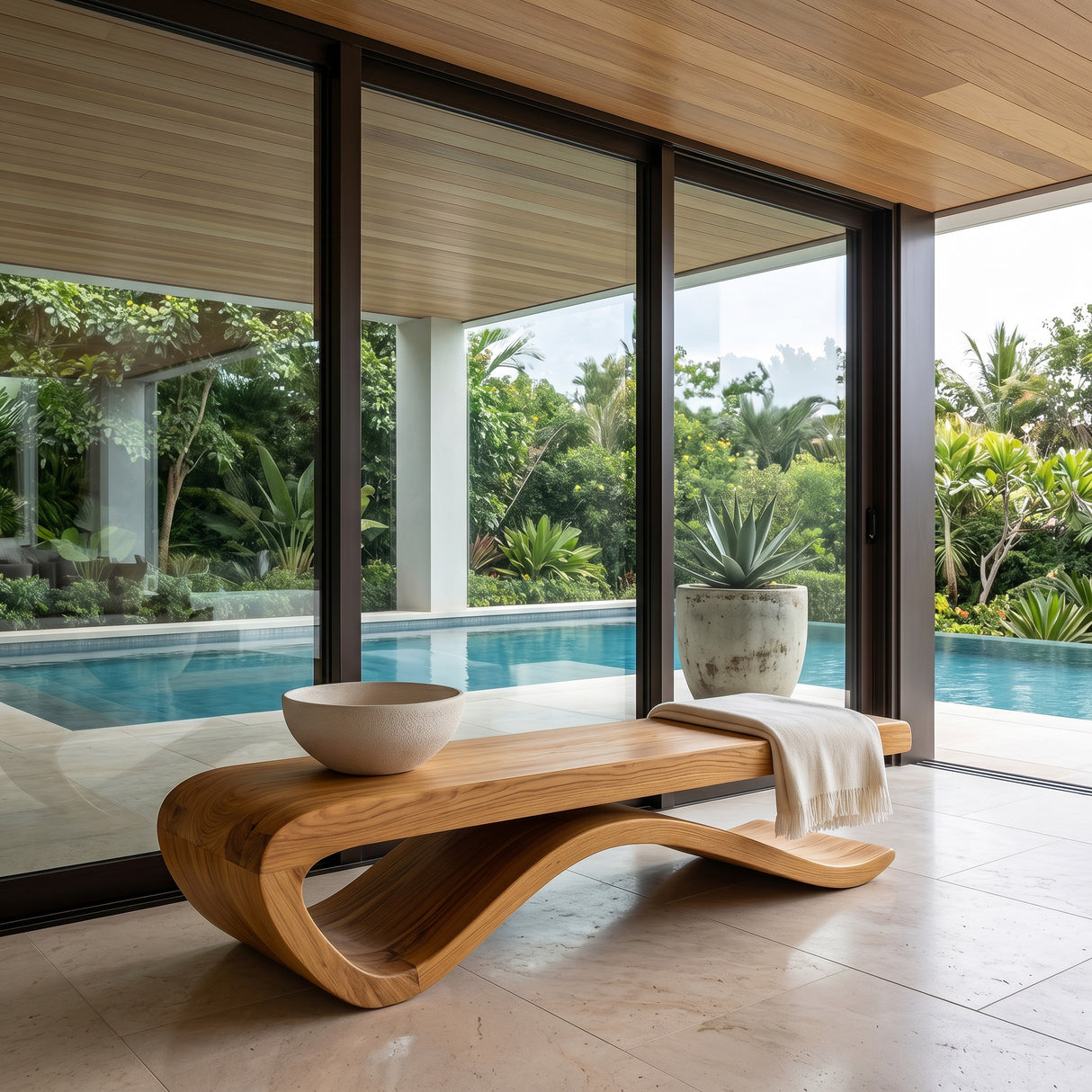 Luxury Curved Wooden Bench For Living Room