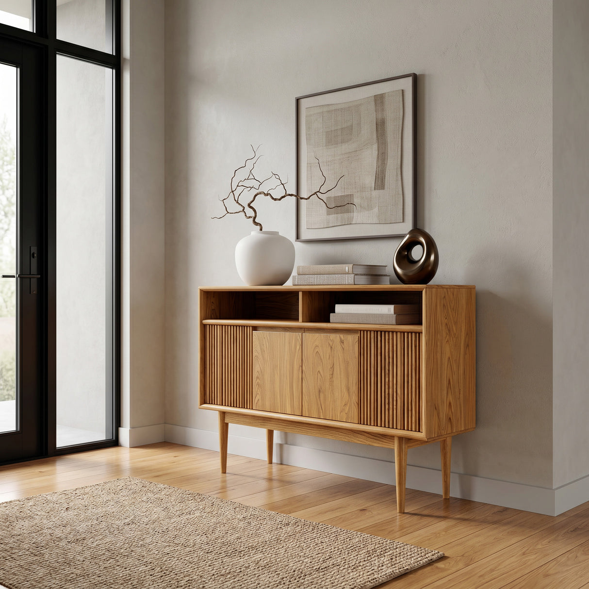 Scandinavian Wooden Console Table With Carved Fluted For Entryway