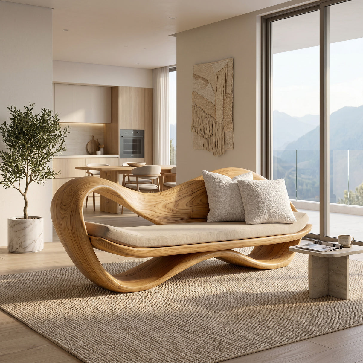 Modern Wooden Sofa With Sculptural Frame For Home Living