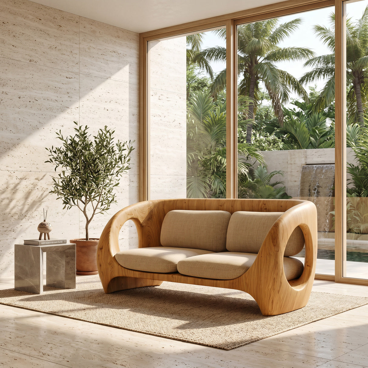 Elegant Sculptural Wooden Sofa For Quiet Luxury Interior