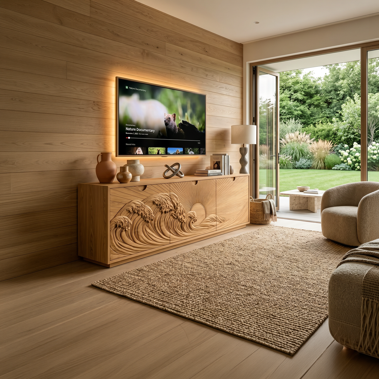 Contemporary TV Stand With Crashing Ocean Waves For Living Room