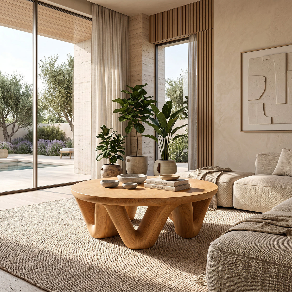 Modern Round Coffee Table With Flowing Sculptural Base For Home