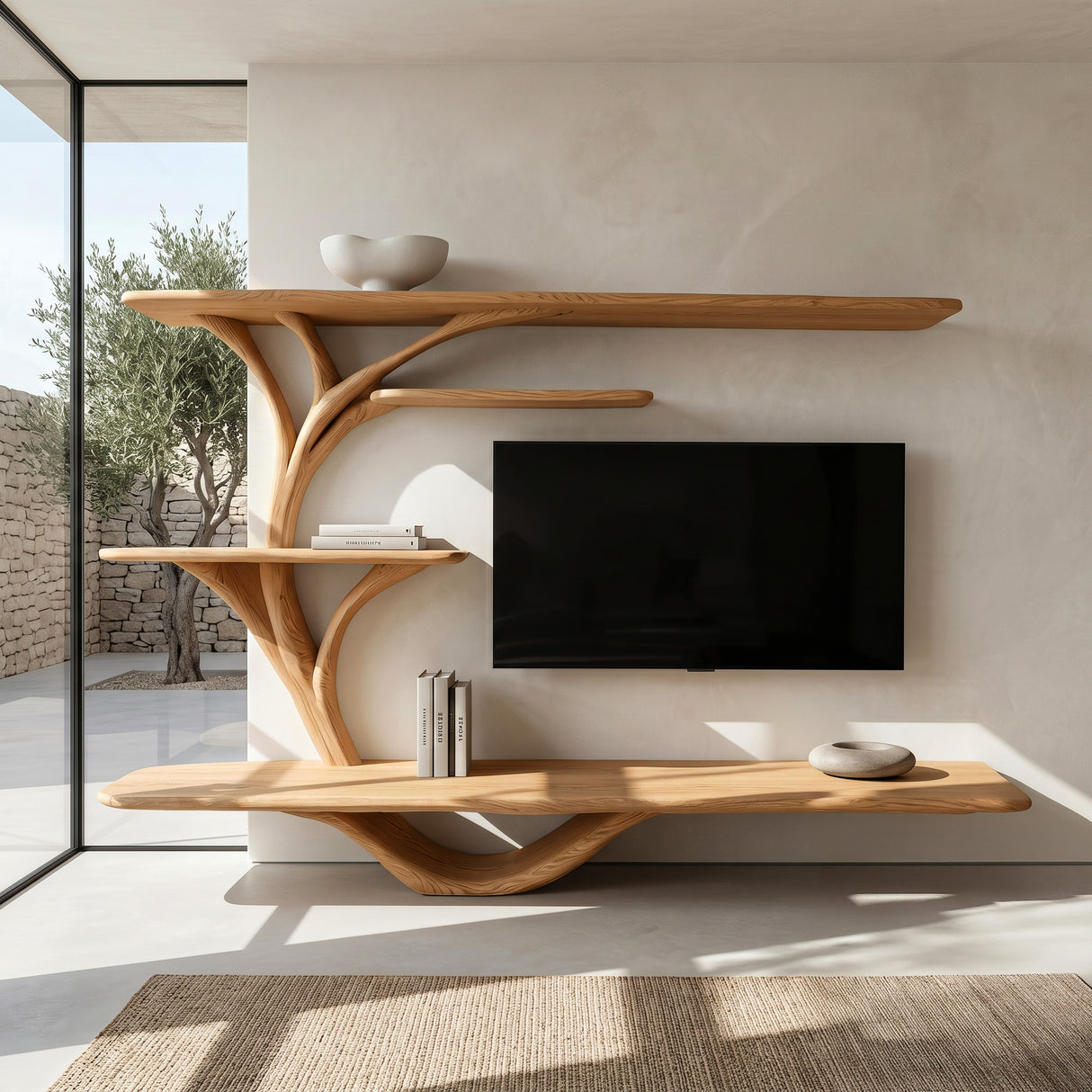 Organic TV Stand With Sculptural Branch Shelves For Living Room